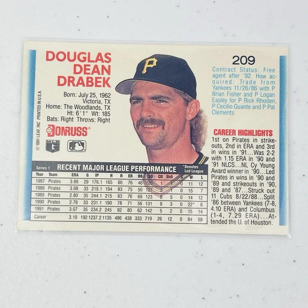 Donruss 1992 Doug Drabek 209 Pittsburgh Pirates MLB Base Set Baseball Card